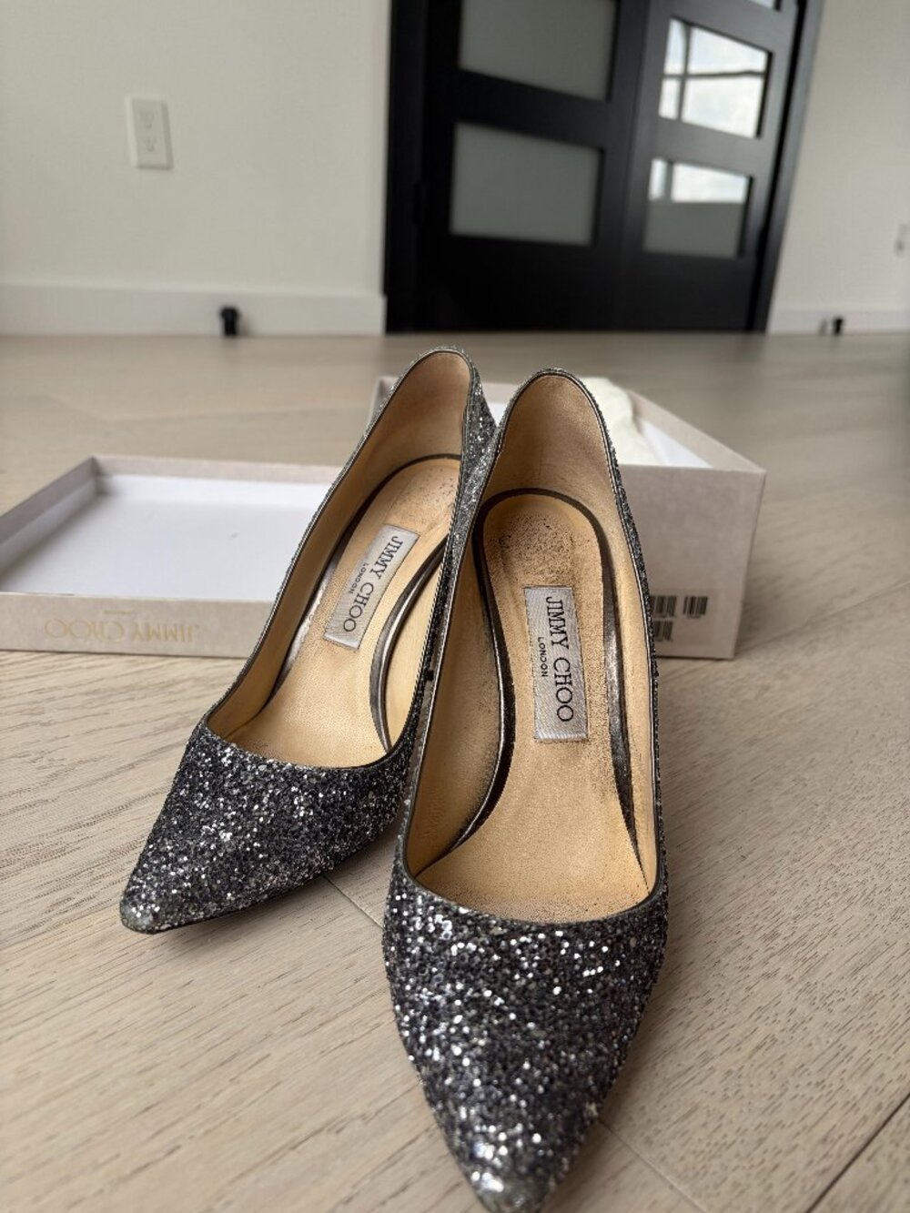 Jimmy Choo Romy Coarse Glitter Fabric Pointed Pumps